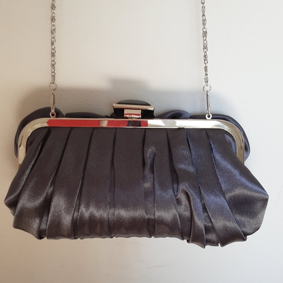 Laura Purple Gray Satin  Clutch with Rosette Accents - Picture 5 of 6